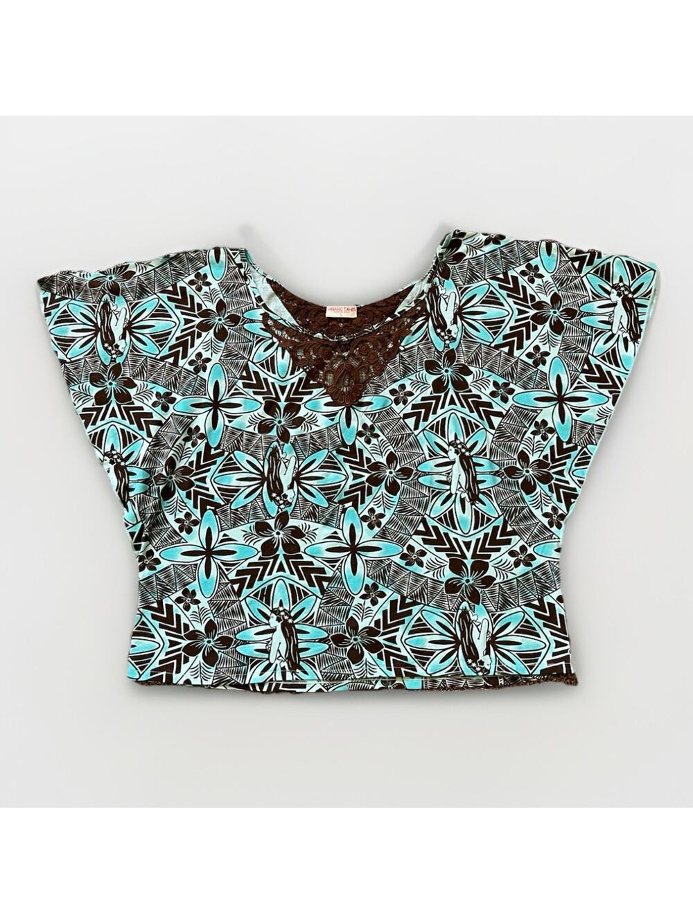 Hinano Tahiti Shirt Womens Large Blue Brown Polynesian Tropical Tribal Print